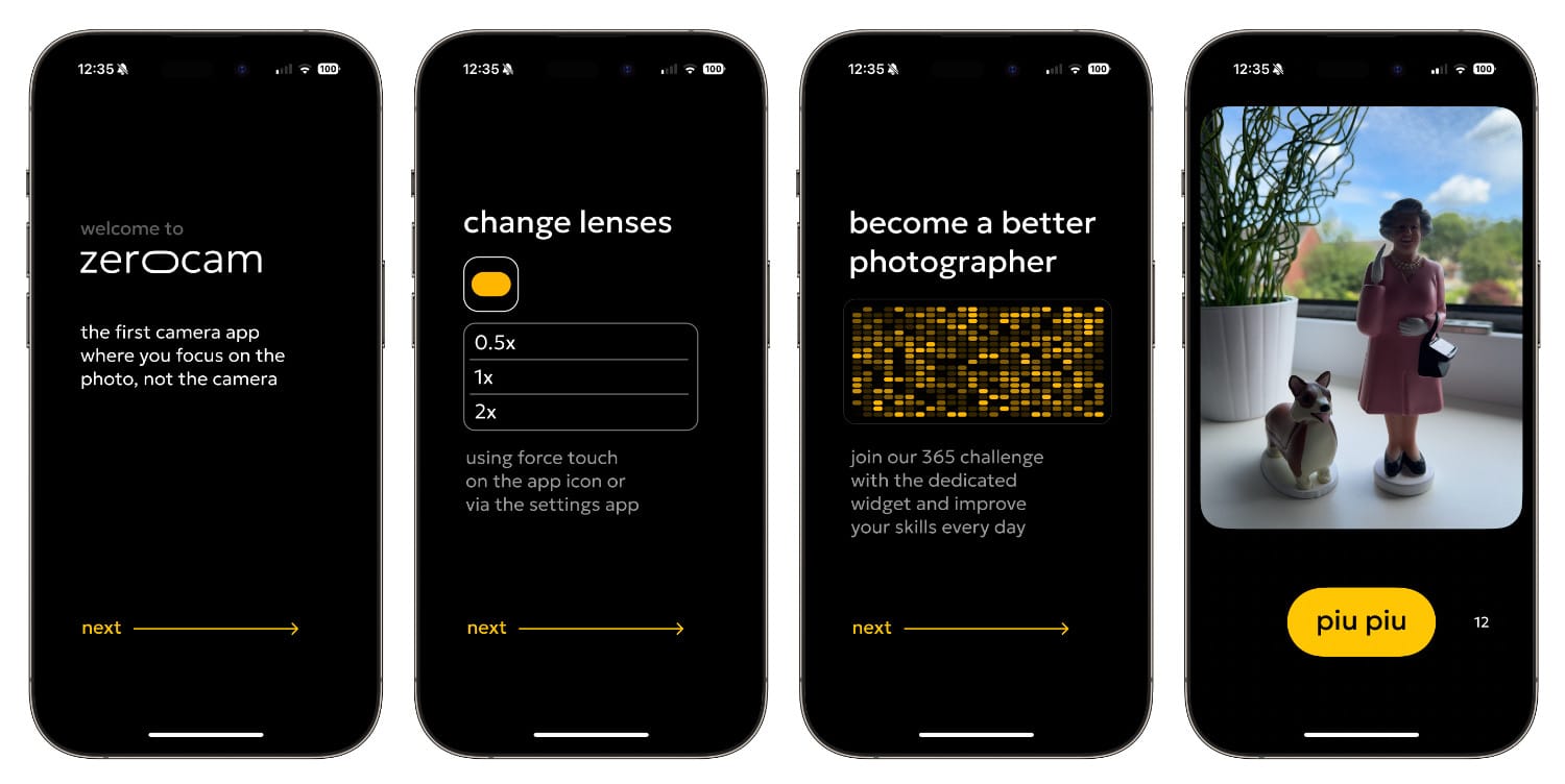 Vier iPhone-Screenshots von Zerocam