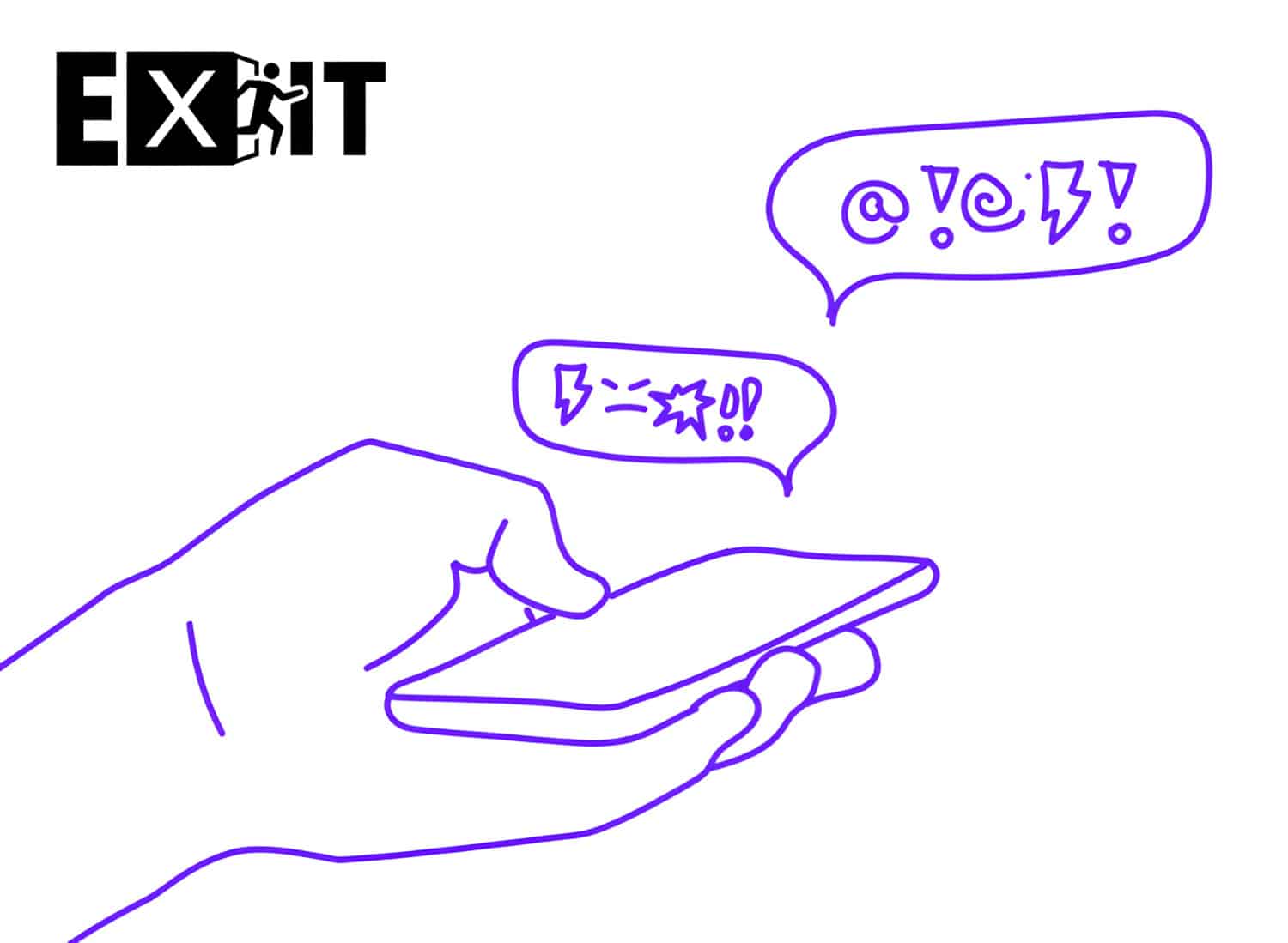 Illustration zur eXit-Kampagne mit Hand, die ein Smartphone hält, aus dem Sprechblasen mit Gewaltsymbolen kommen