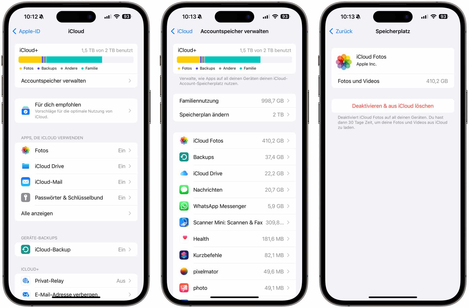 Screenshots der iCloud-Einstellungen in iOS 17