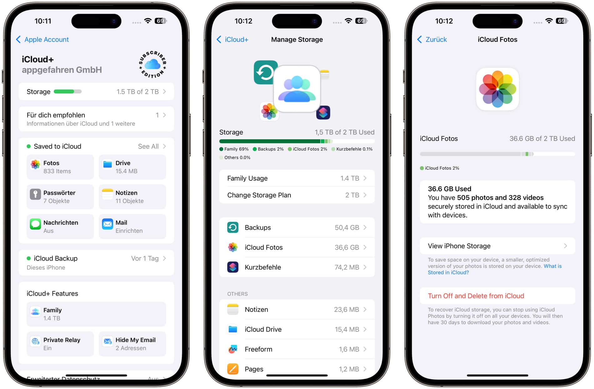 Screenshots der iCloud-Einstellungen in iOS 18