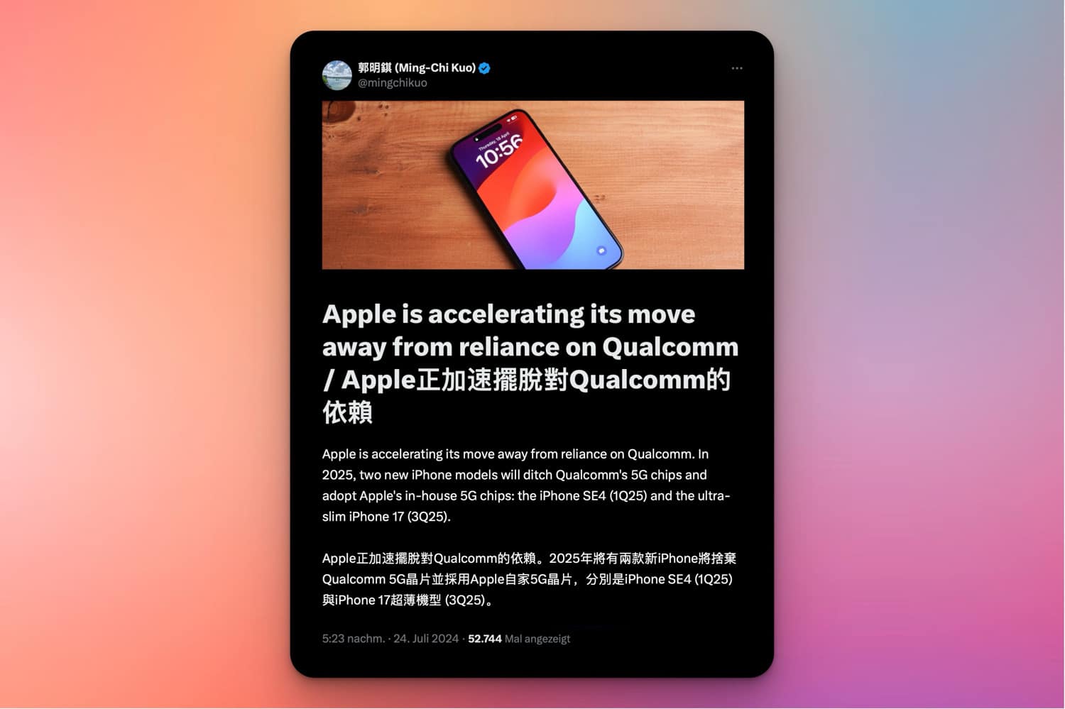 Tweet von Ming-Chi Kuo zum 5G-Chip im iPhone 17