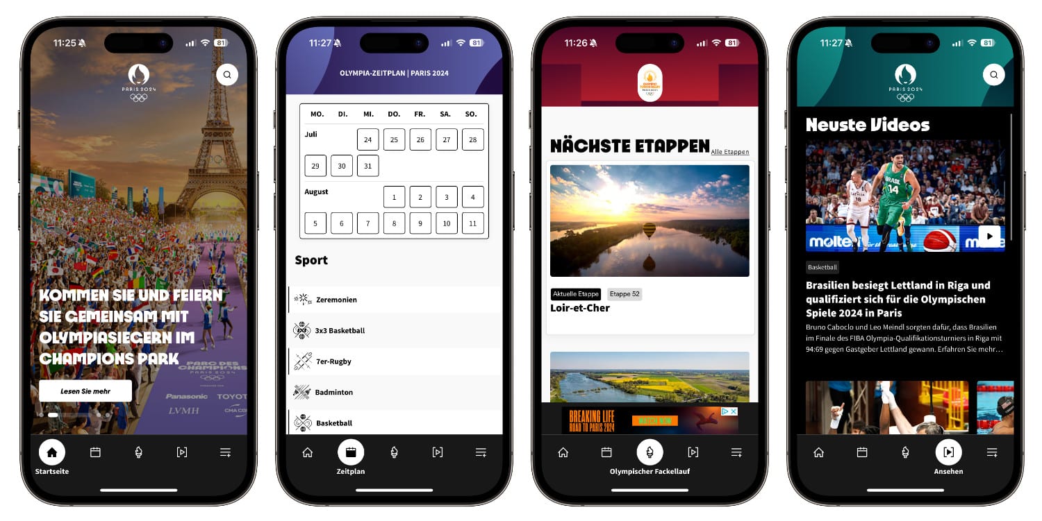 Vier iPhone-Screenshots der Paris 2024-App