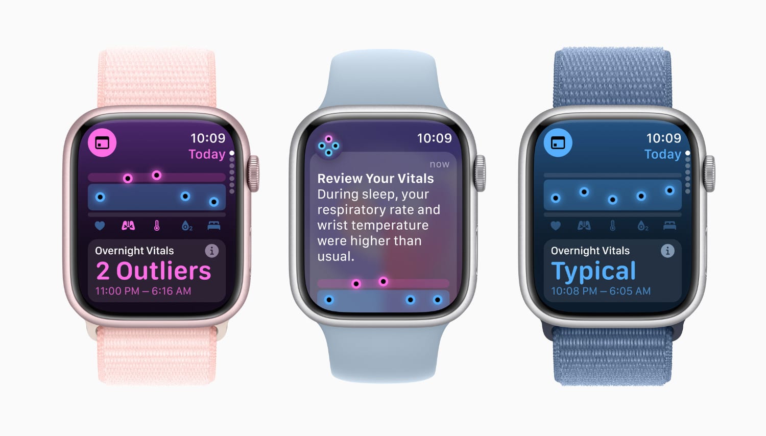 Drei Apple Watches zeigen Infos der Vitals-App an