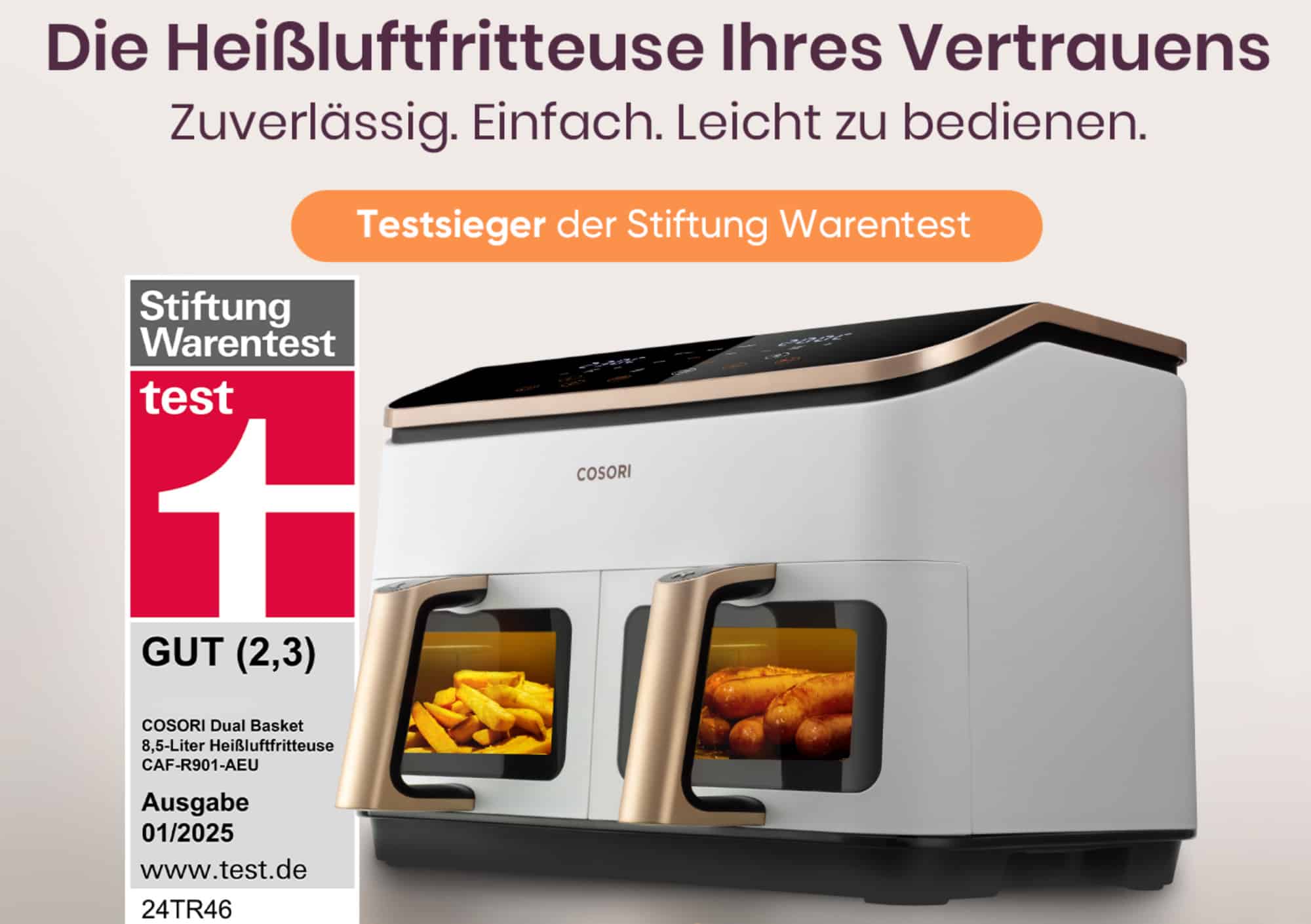 Neue Cosori Heißluftfritteuse in weißer Farbe.
