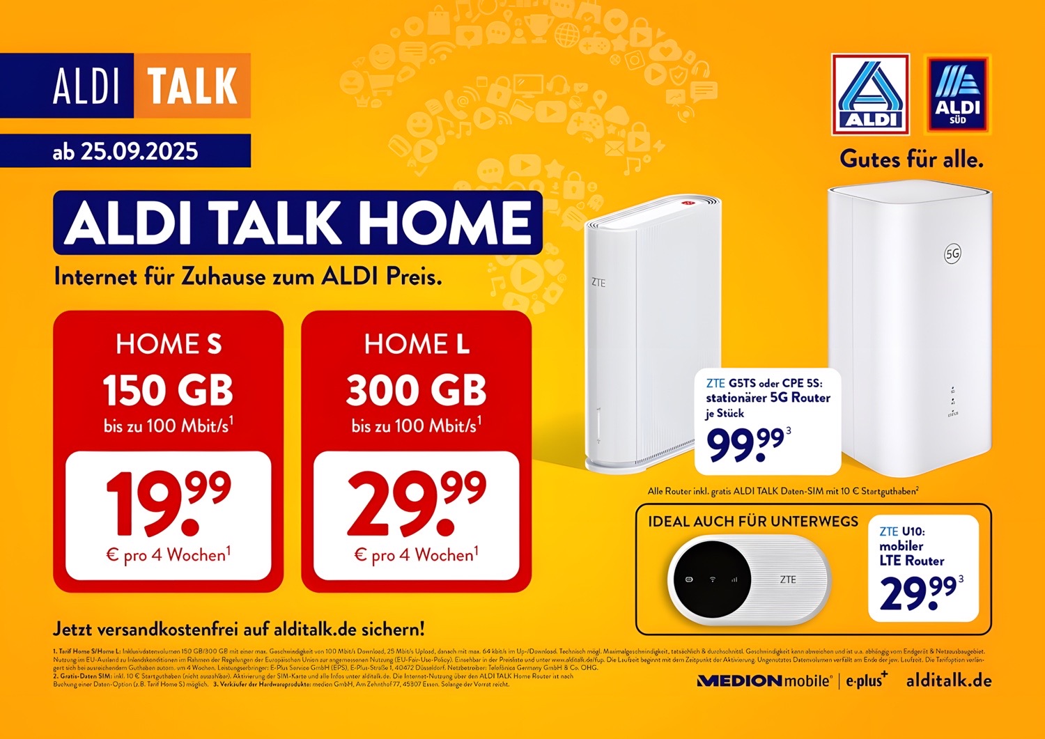Banner mit Preisinformationen zu den neuen ALDI TALK Home-Tarifen