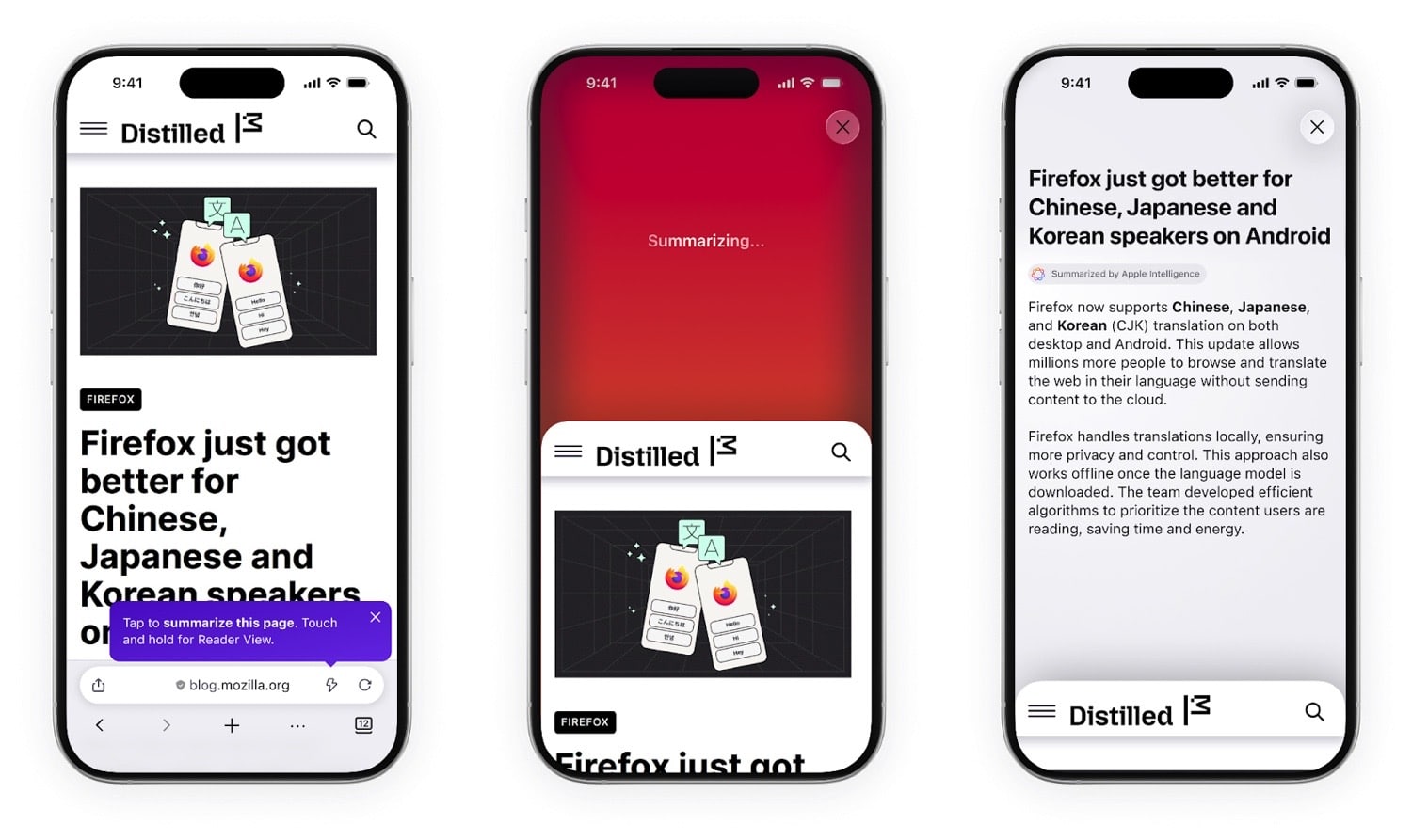 Drei iPhone-Screenshots der Shake to Summarize-Funktion von Firefox