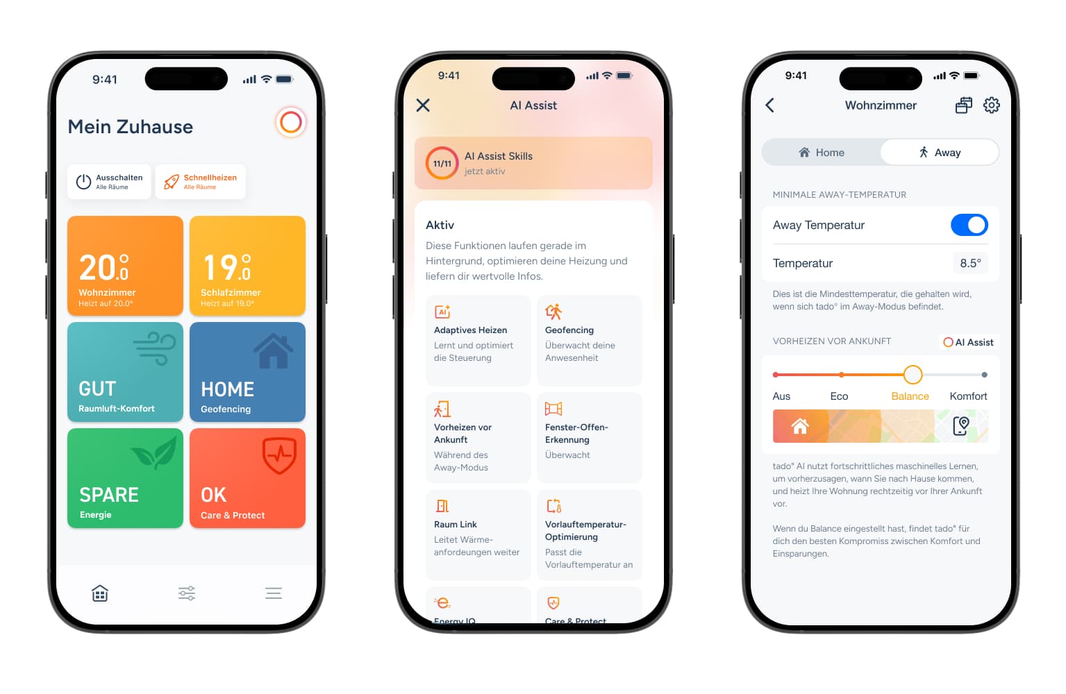 Screenshots der Tado-App mit AI Assist.