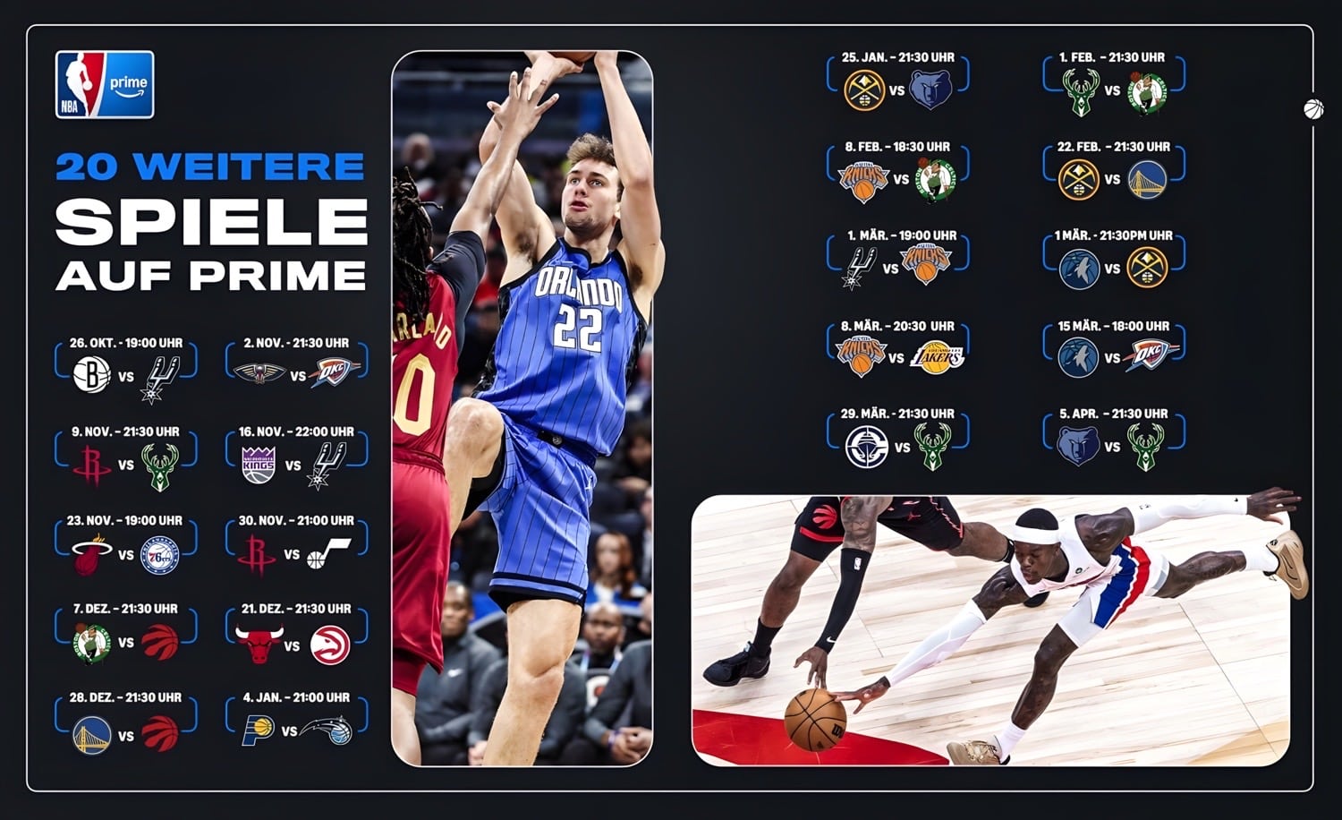 Spielplan der NBA 2025/26 bei Amazon Prime Video