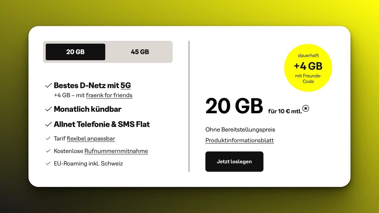 Info-Fenster von fraenk mit 10 Euro-Tarifinfos