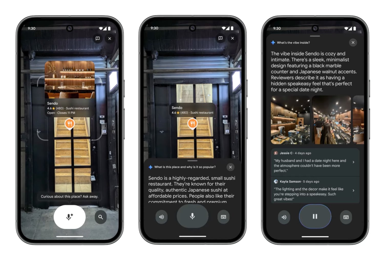 Drei Screenshots aus Google Lens mit Gemini-Support