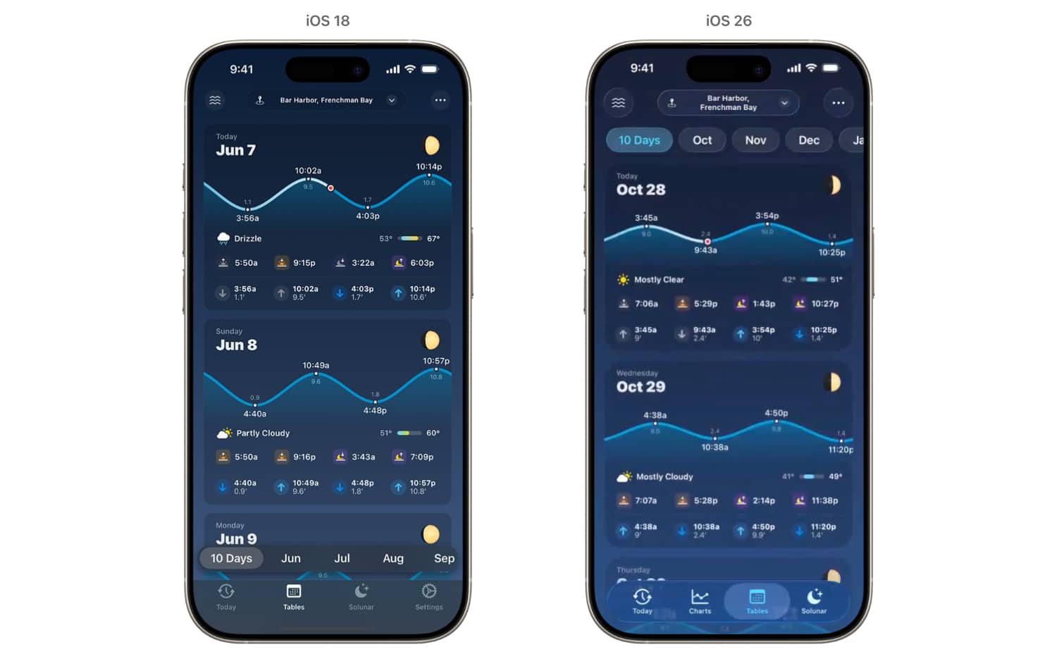 Designvergleich von Tide Guide-App in iOS 18 und iOS 26