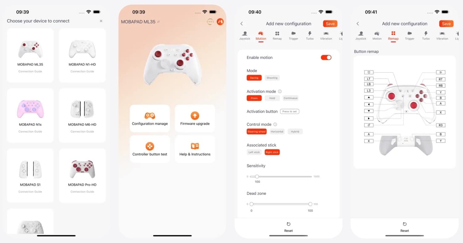 Vier iPhone-Screenshots der Mobapad-App