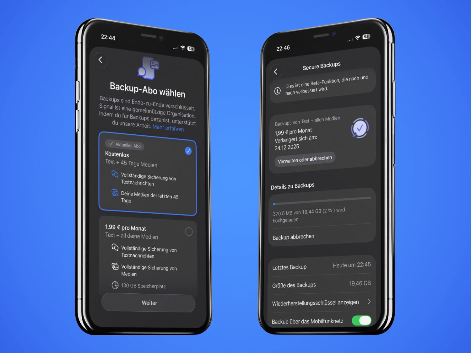 Zwei iPhone-Screenshots von Signals Secure Backups
