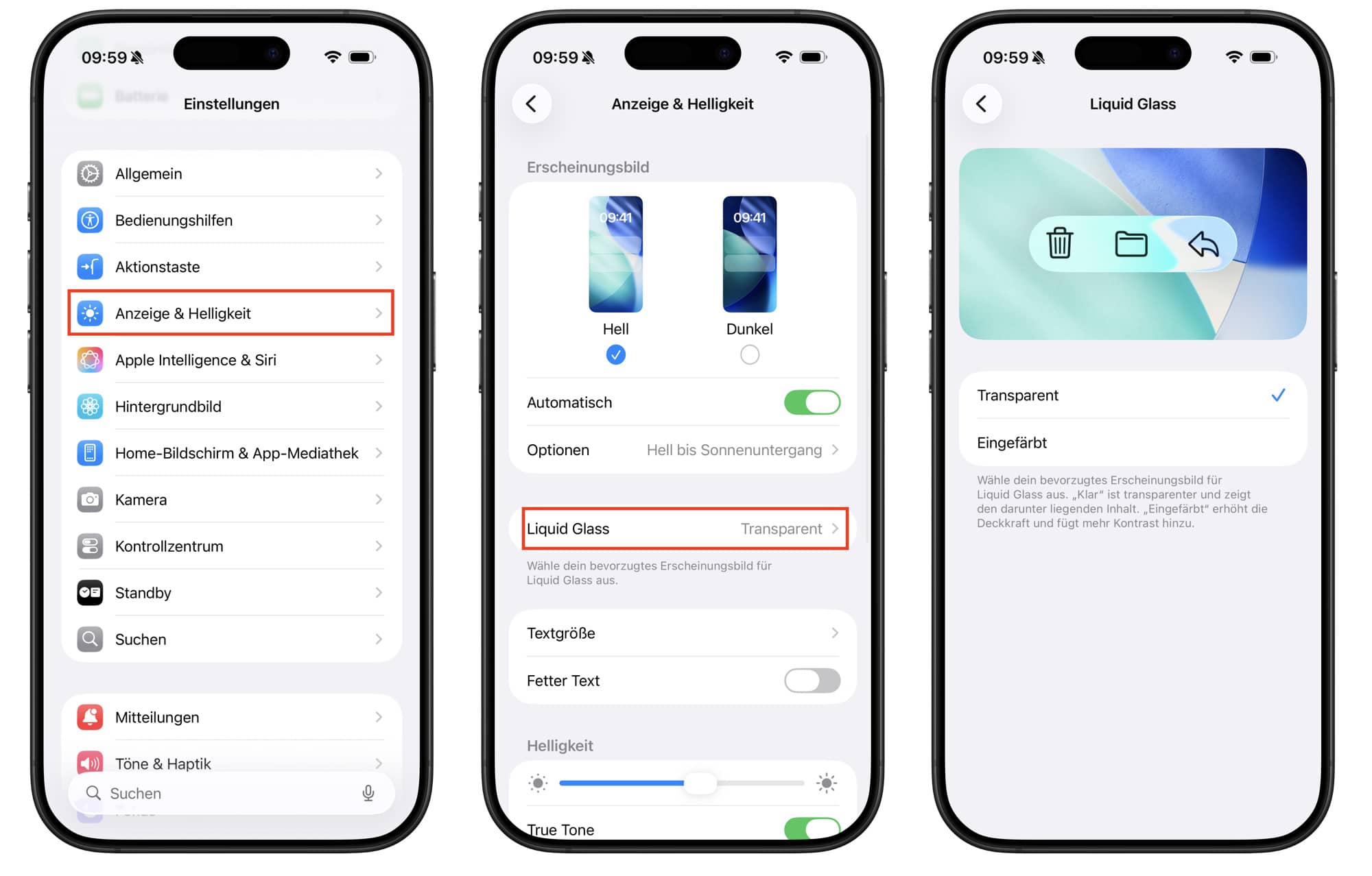 iOS 26.1 mit Liquid Glass Schalter.