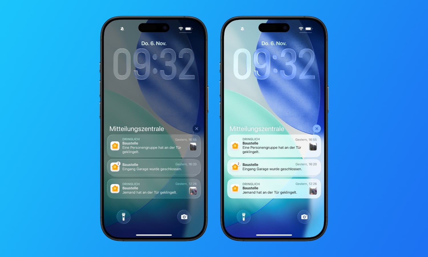 Benachrichtigungen in iOS 26.1 mit Liquid Glass.