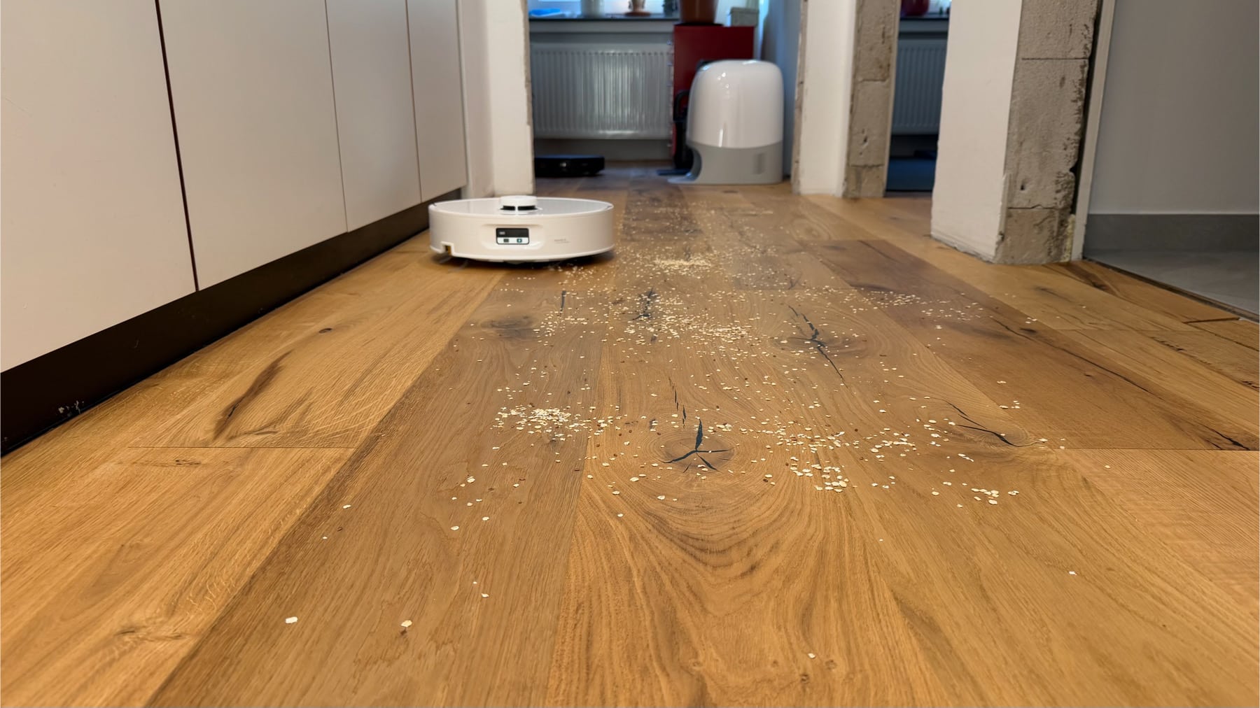 Roborock Qrevo Curv 2 Flow saugt Staub auf.