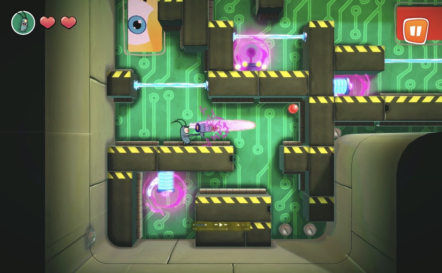 Screenshot aus SpongeBob Burgerjagd 2 mit Plankton in Aktion