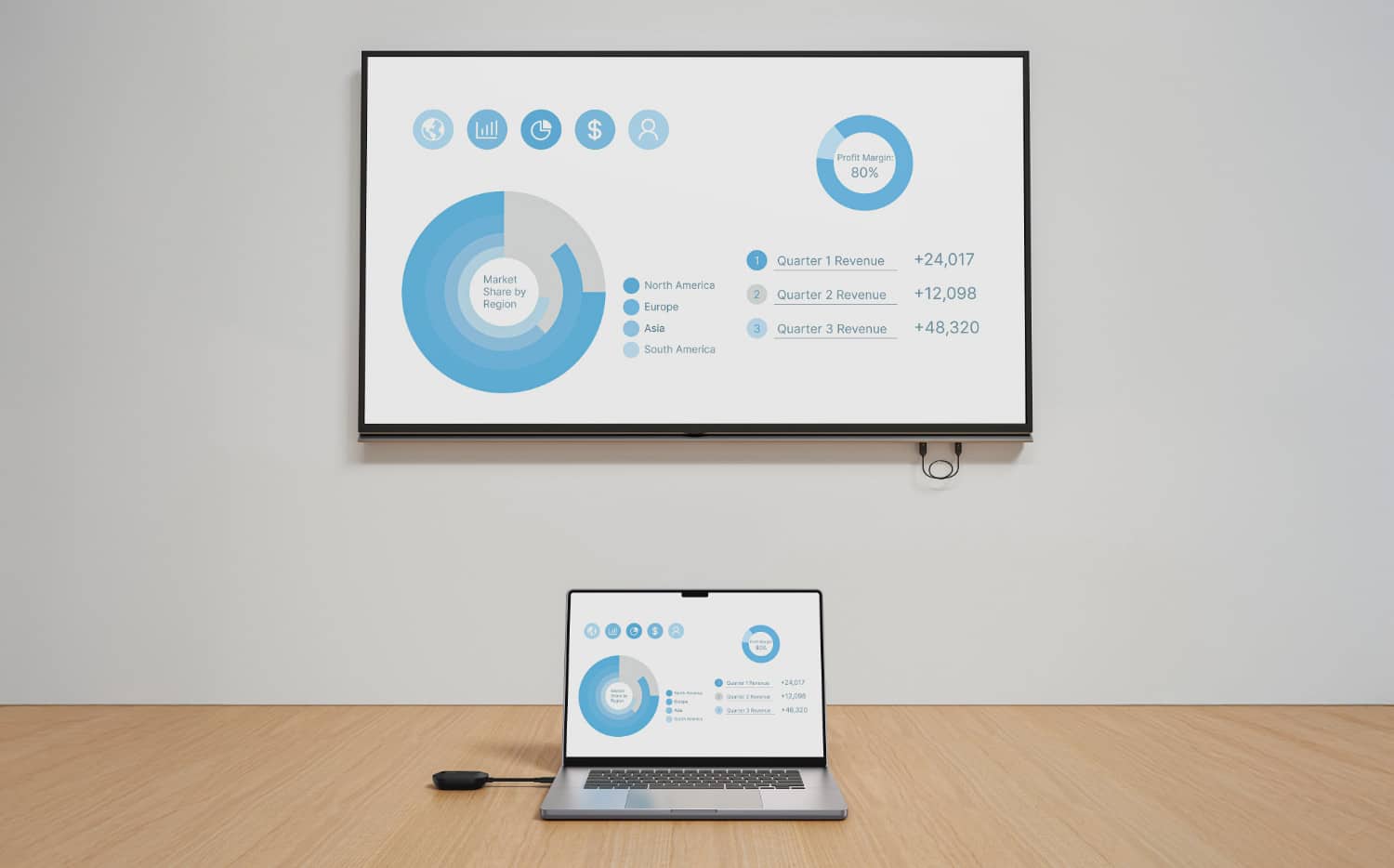 Der Belkin Connect Air ist an einen Laptop angeschlossen und streamt das Bild auf einen großen Bildschirm