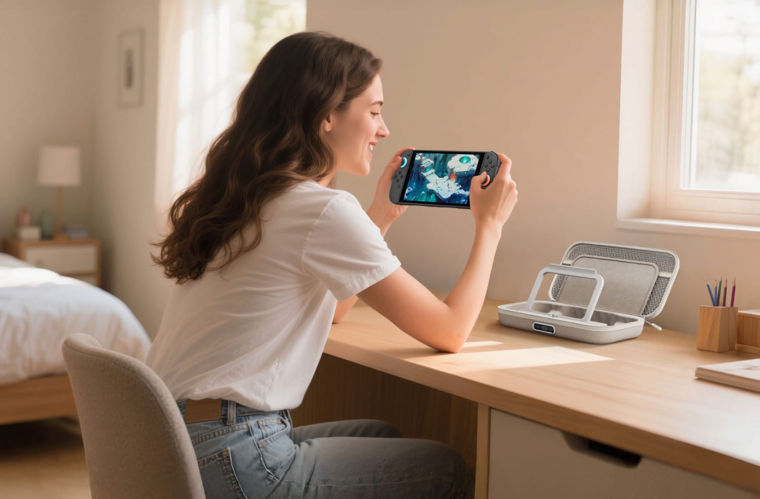 Eine Person sitzt am Tisch und spielt mit ihrer Switch 2, vor ihr liegt die Belkin Pro Tasche
