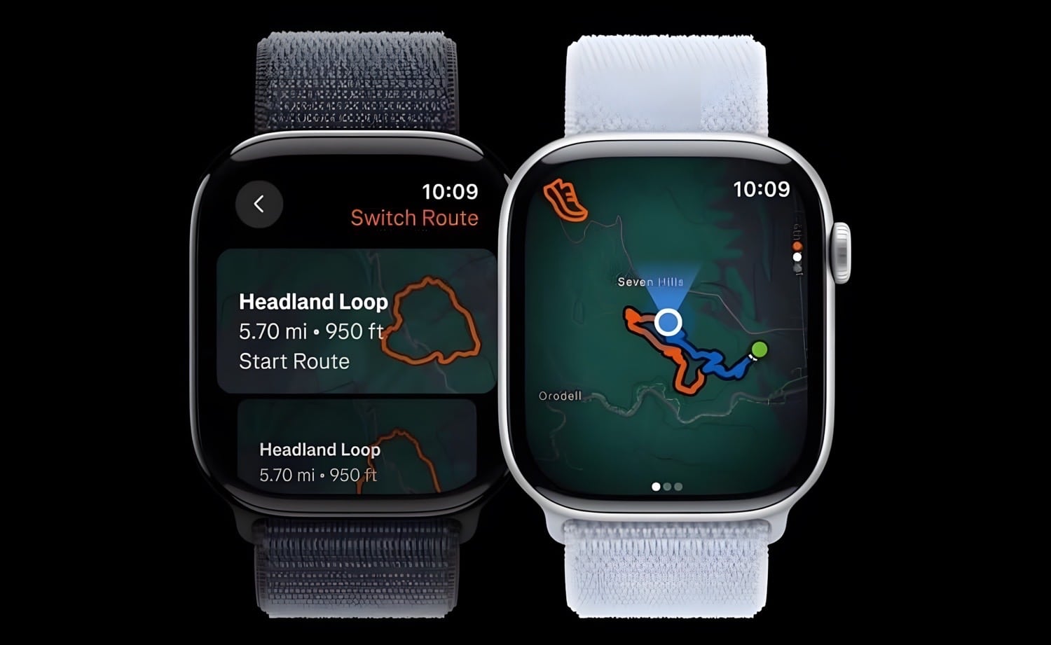 Zwei Apple Watches mit Workouts und Karten aus Strava
