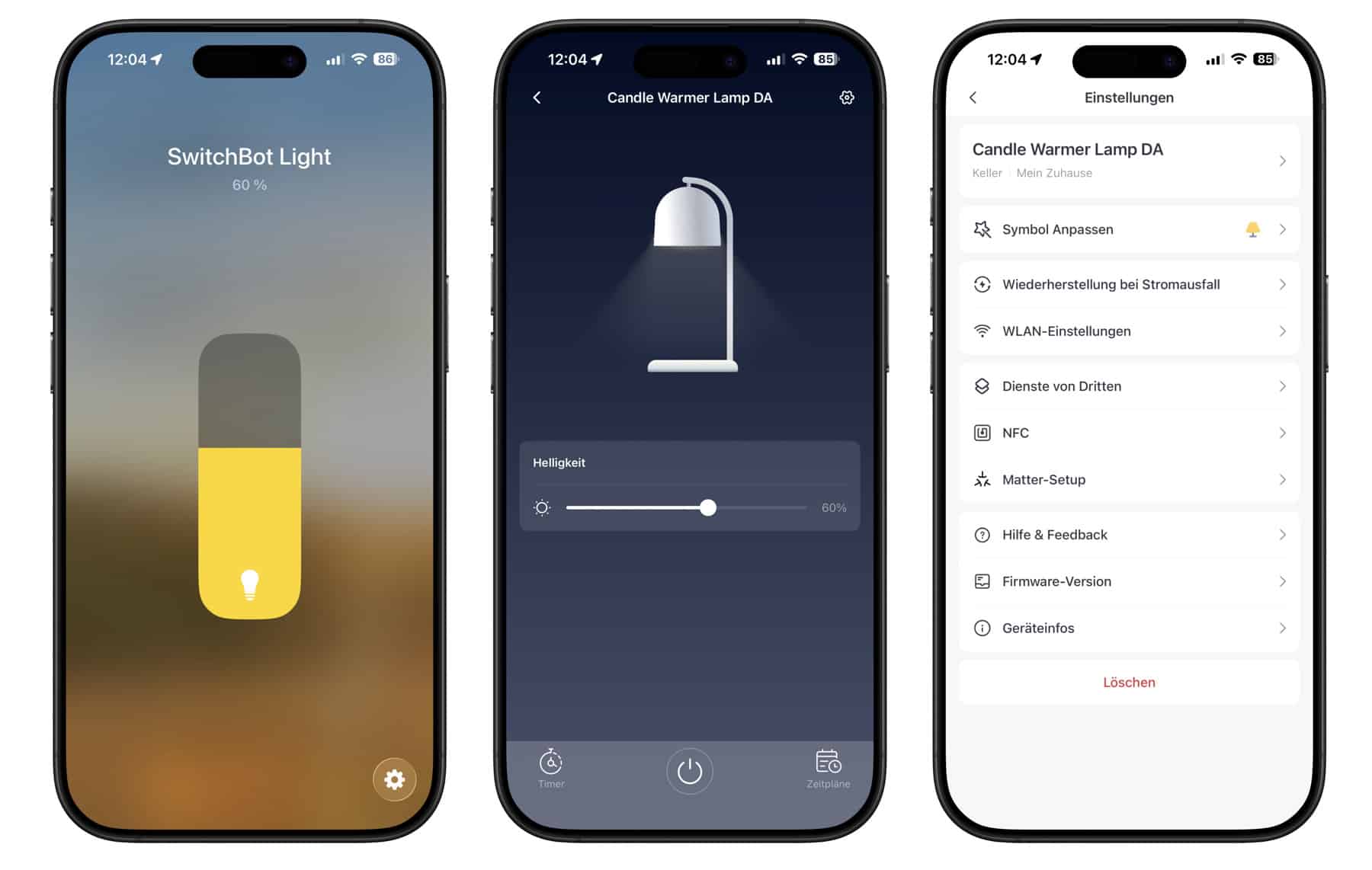 App für die SwitchBot Kerzenwärmer Lampe